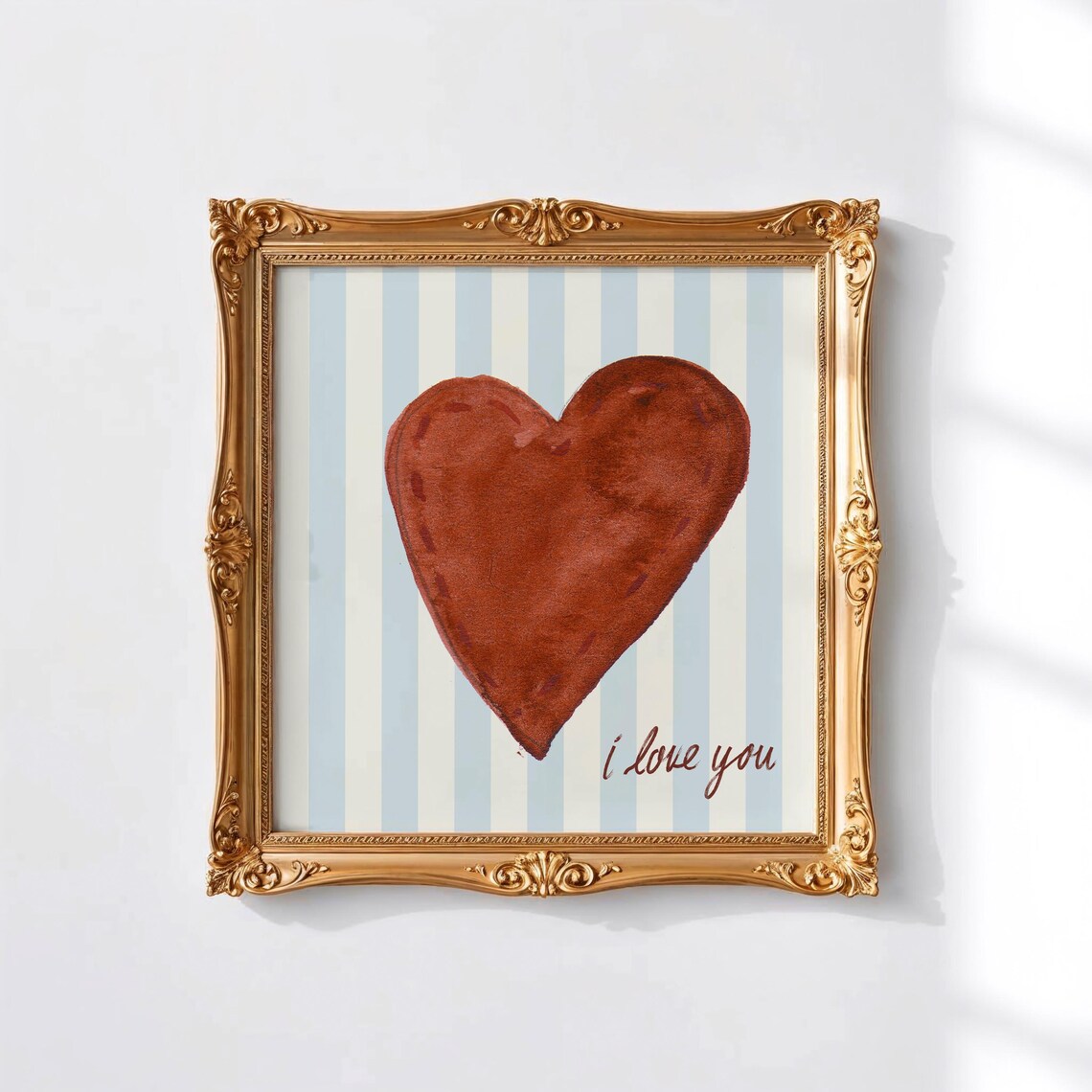 Chocolate Brown Watercolor Heart I Love You Striped Wall Art Print - Image 4