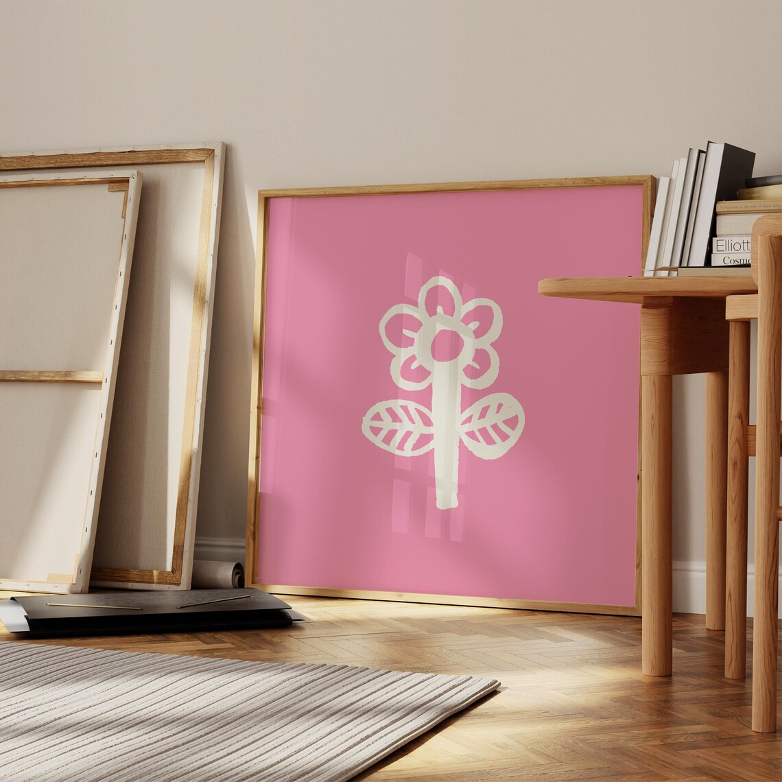 Pink Floral Doodle White Flower Square Minimal Nursery Wall Art Poster - Image 5