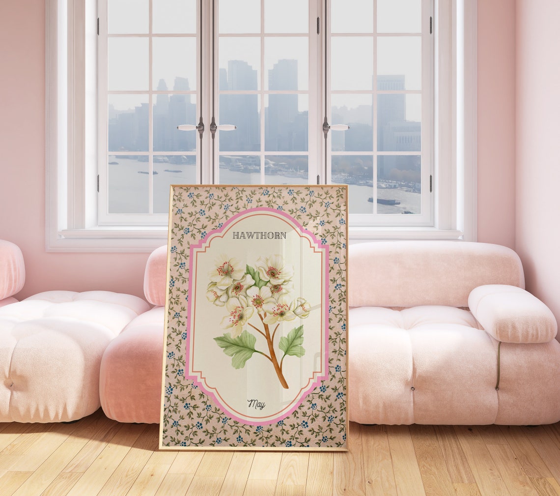 May Hawthorn Birth Flower Vintage Botanical Illustration Poster - Image 3