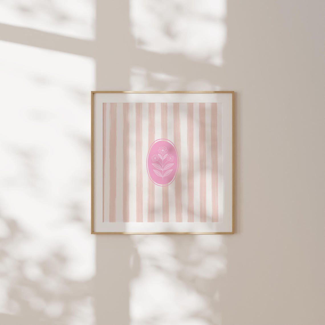 Blush Striped Floral Pattern with Pink Oval Medallion Art Poster - Image 2