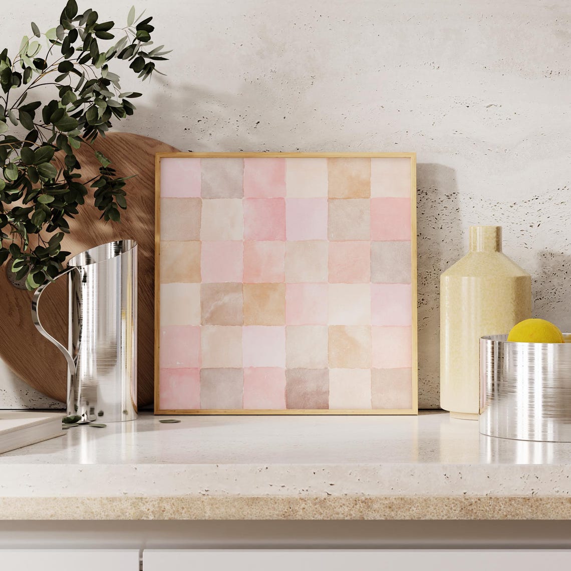 Pink Nude Watercolor Checkerboard Squares Abstract Art Poster - Image 2