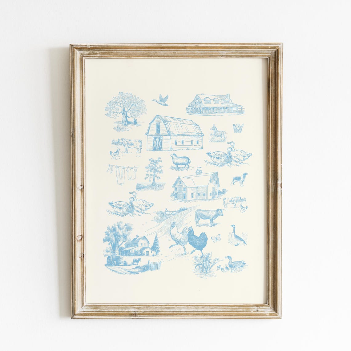 Blue Farm Life Toile Barn Animals Cottage Illustration Poster