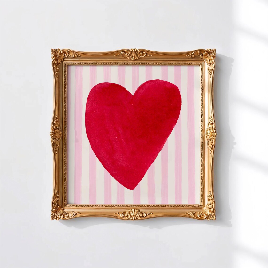 Bright Red Watercolor Heart Pink Striped Square Valentine Art Poster - Image 4