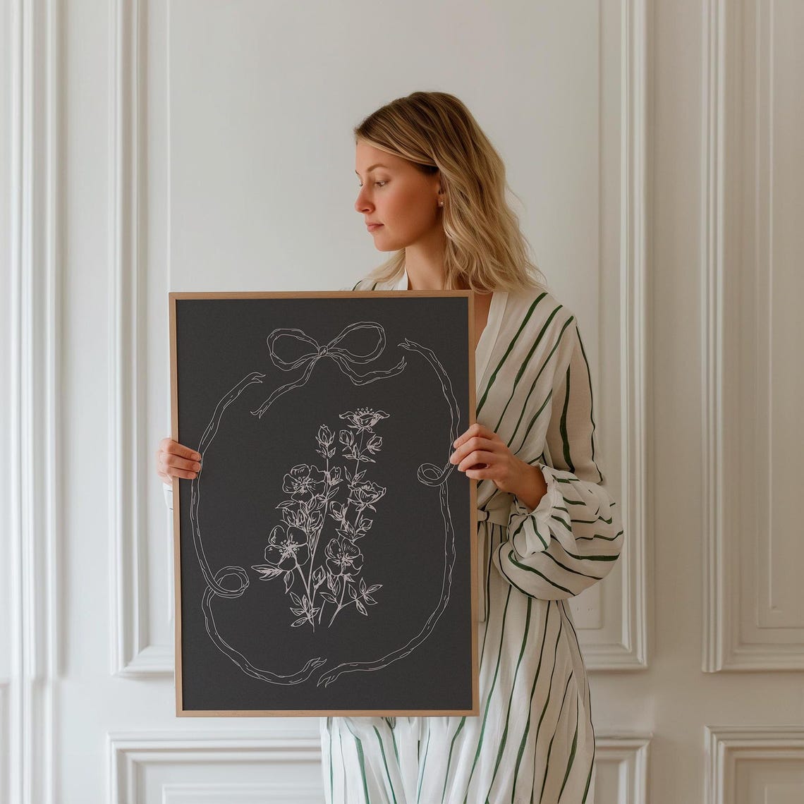 White Line Wildflower Bouquet on Black Chalkboard Style Poster - Image 2