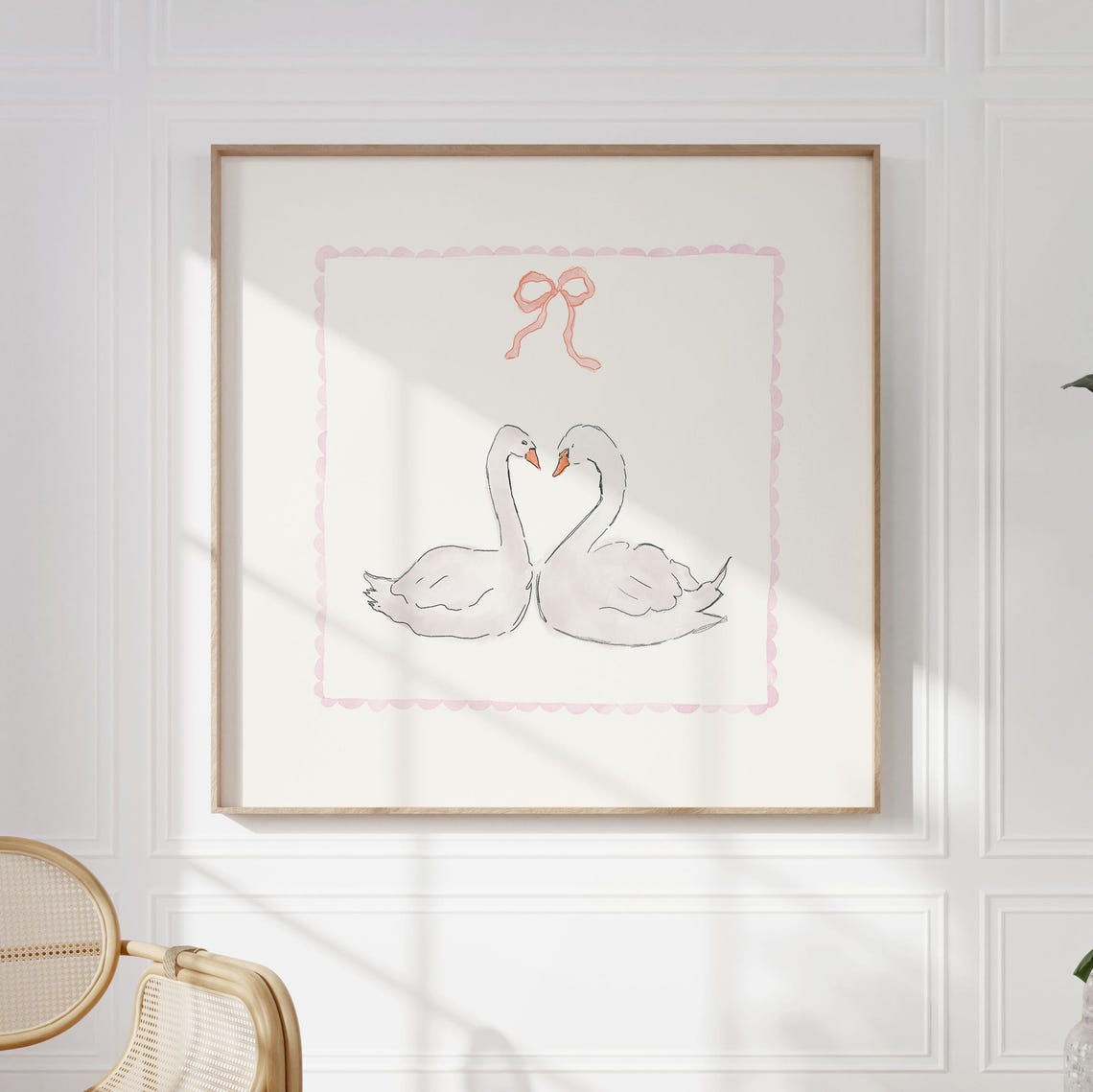 White Swan Pair Pink Bow Scalloped Border Romantic Watercolor Poster - Image 2