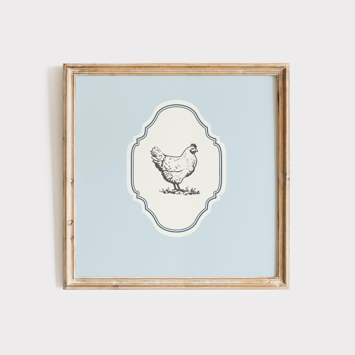 Vintage Hen Farm Chicken Line Art Baby Blue Ornate Square Poster - Image 2