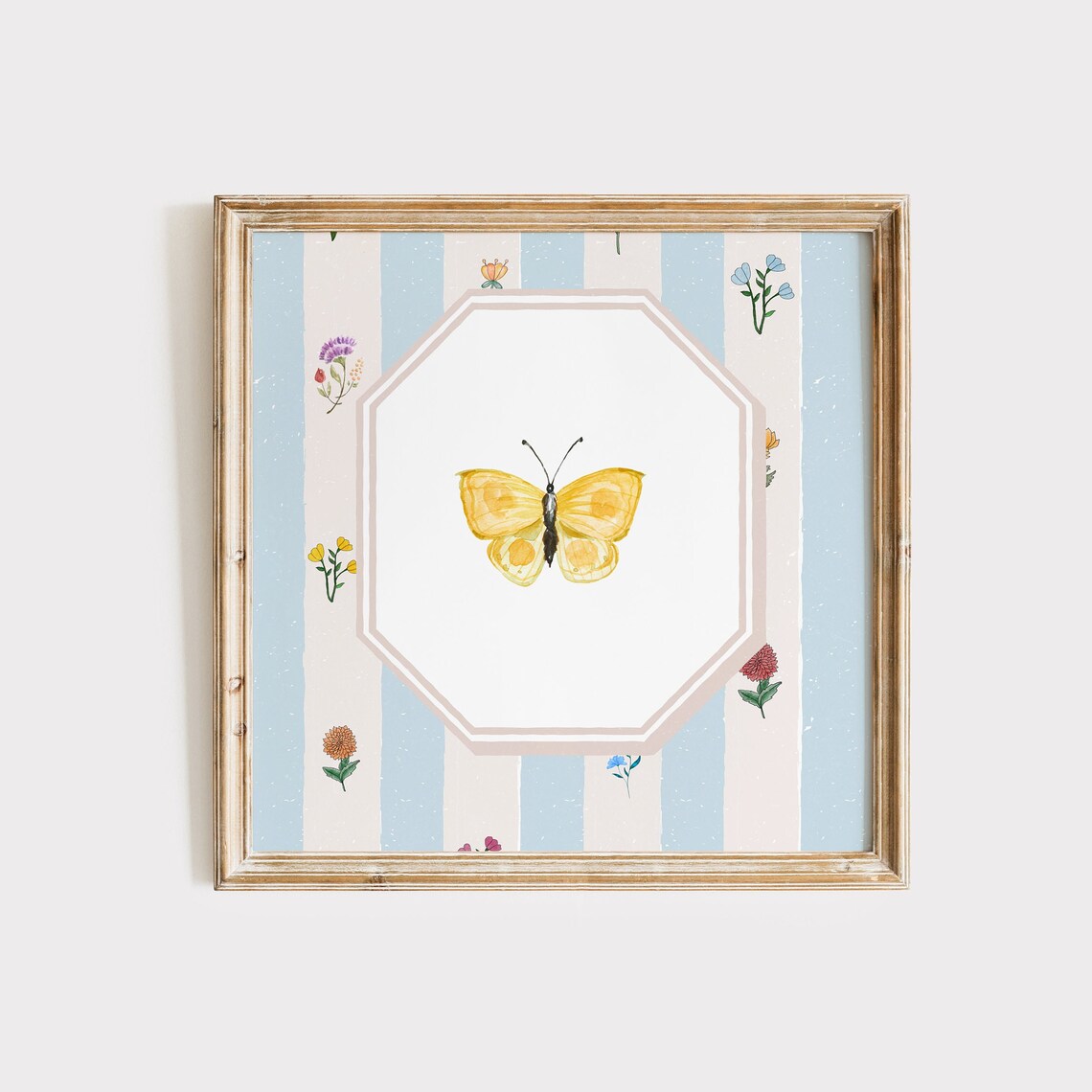 Yellow Butterfly In White Octagon Striped Floral Cottage Poster
