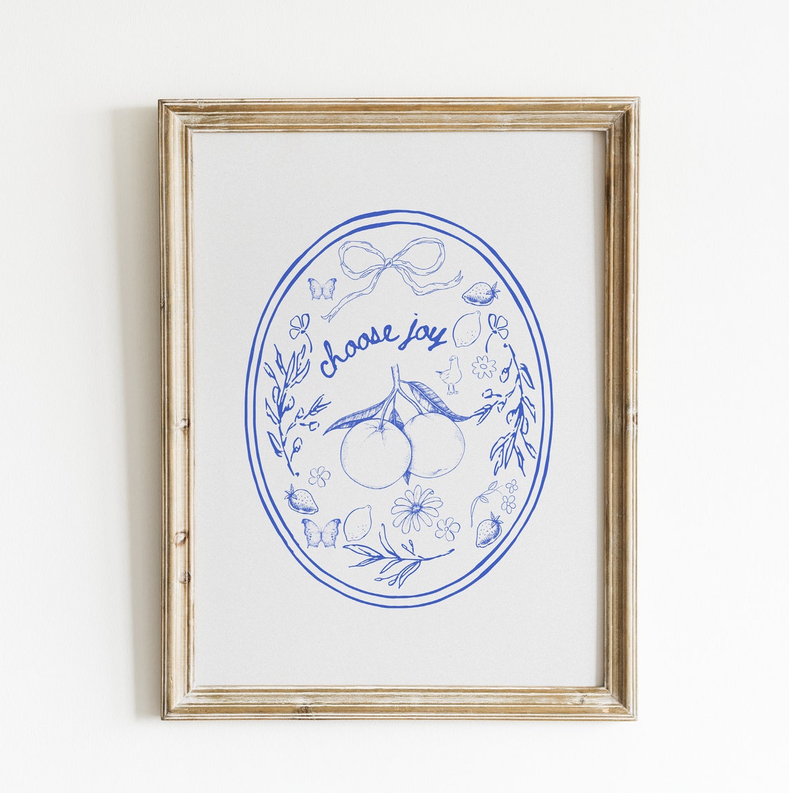 Cheerful Choose Joy Blue Line Art Citrus Oval Farmhouse Poster