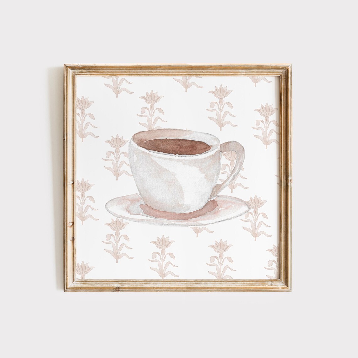 Cozy Mocha Latte Coffee Cup Watercolor on Pink Floral Poster