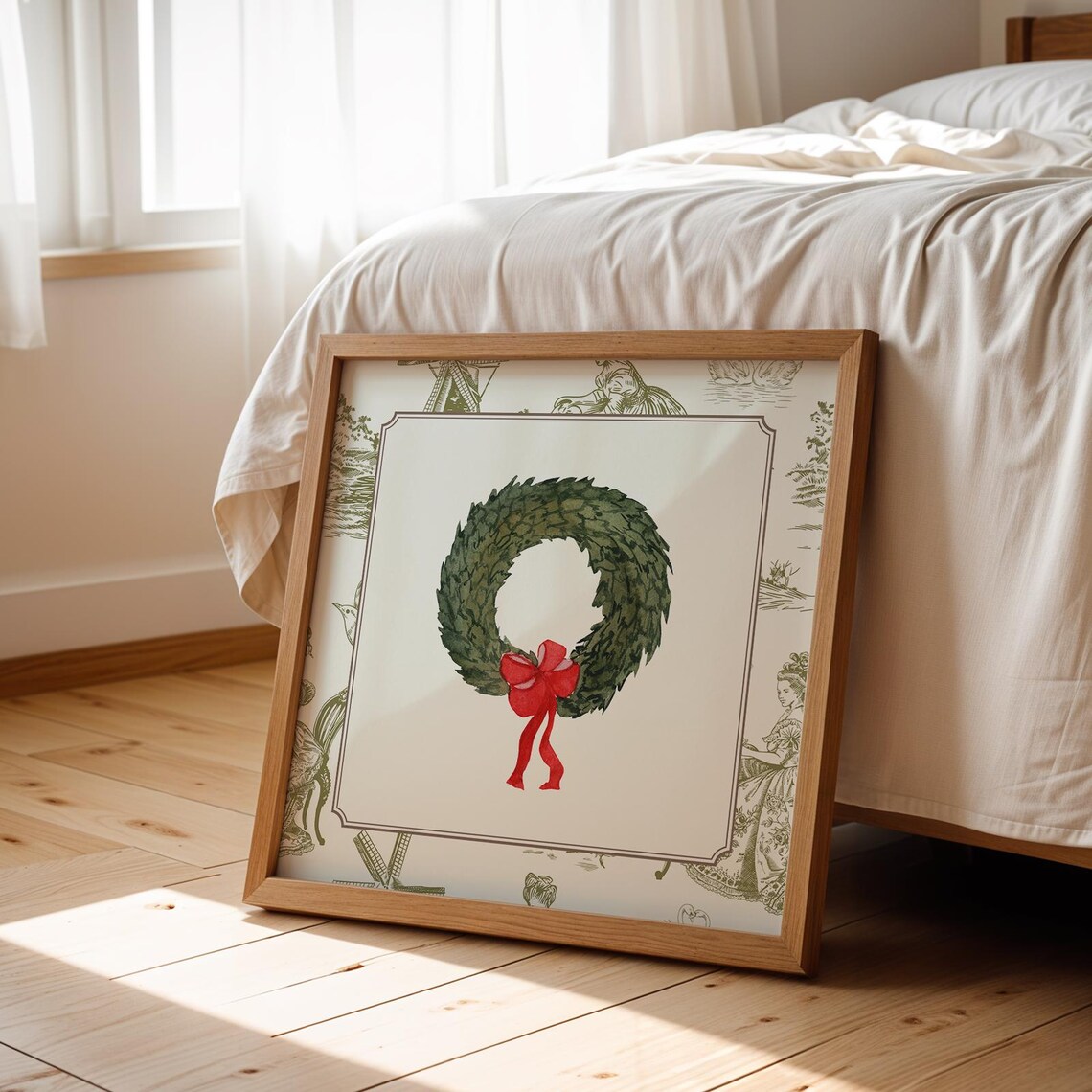 Green Toile Border Christmas Wreath Red Bow Watercolor Holiday Poster - Image 3