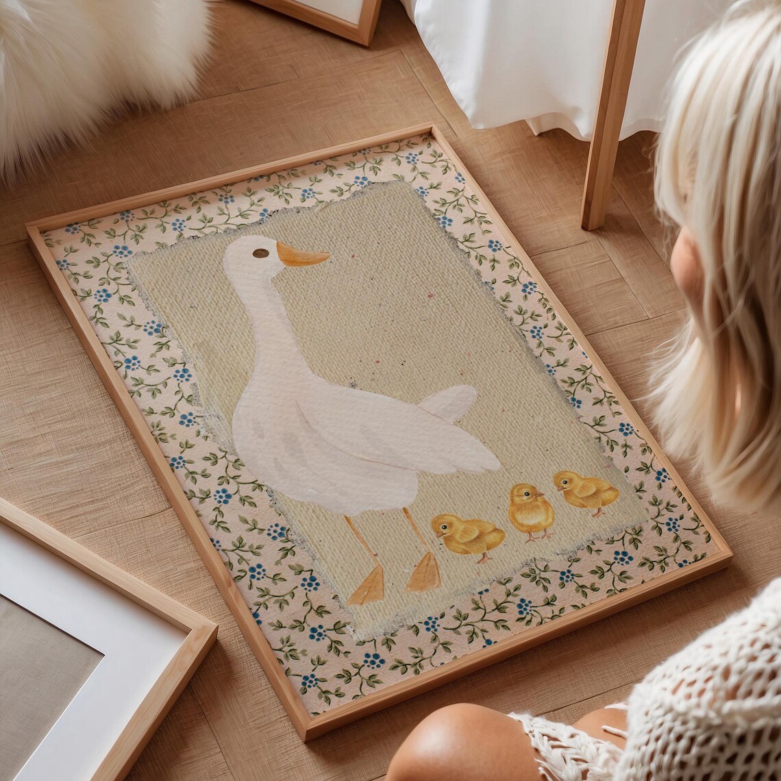 Vintage Mother Duck and Chicks Art Print, Cottagecore