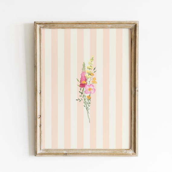 Blush Striped Minimal Watercolor Floral Art Print