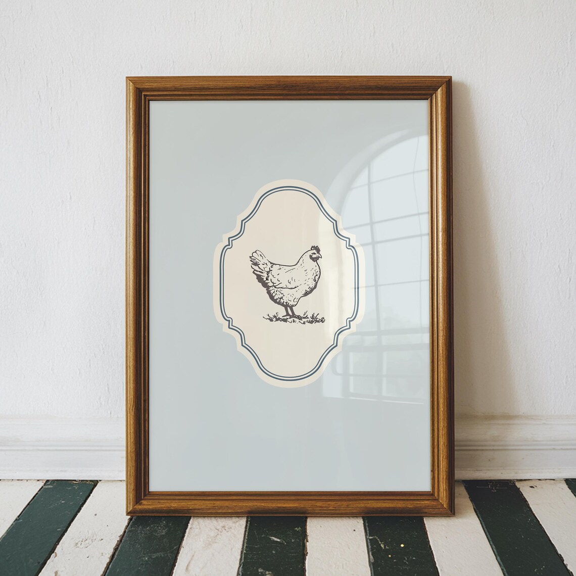 Baby Blue Vertical Hen Chicken Engraving Farmhouse Ornate Poster
