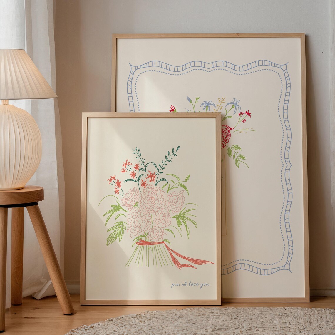 Pink Wildflower Bouquet P.S. I Love You Script Ribbon Wall Art Print