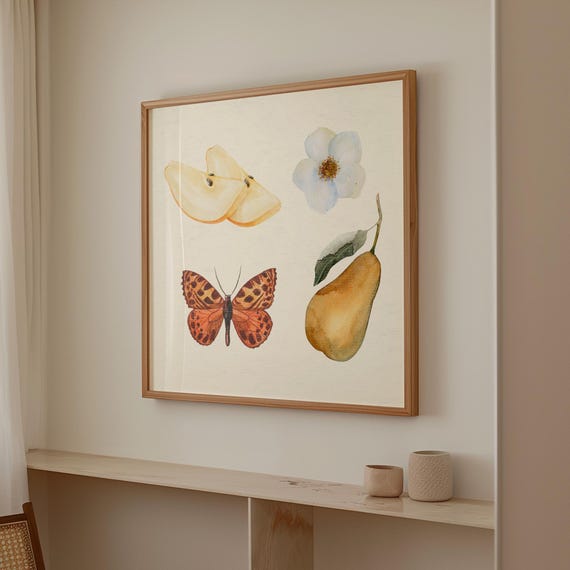 Fall Pear Butterfly Vintage Square Art Print Instant Wall Art Trendy Decor Kitchen Living Room Art Minimalist