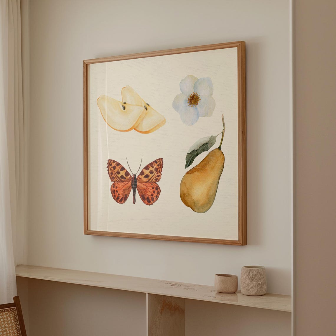 Fall Pear Butterfly Blossom Vintage Botanical Square Wall Art