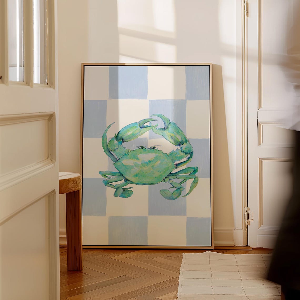 Teal Watercolor Crab Blue Checkerboard Background Coastal Art Poster - Image 3