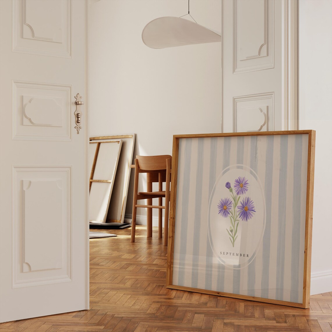September Aster Birth Flower Watercolor Blue Striped Art Poster - Image 2