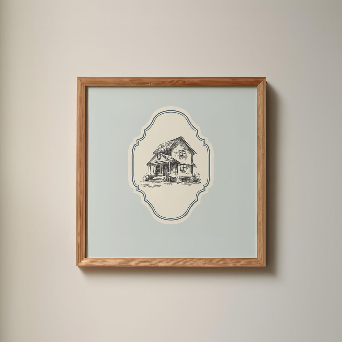 Vintage House Sketch Baby Blue Ornate Square Cottage Nursery Poster - Image 3