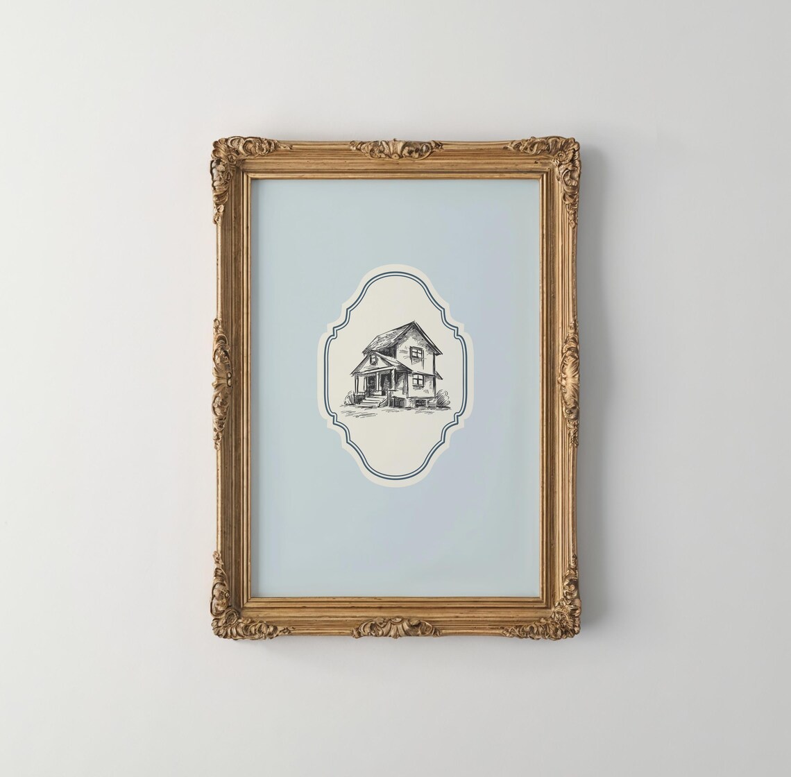 Vintage Farmhouse Line Drawing Blue Medallion Home Wall Art Poster - Image 5