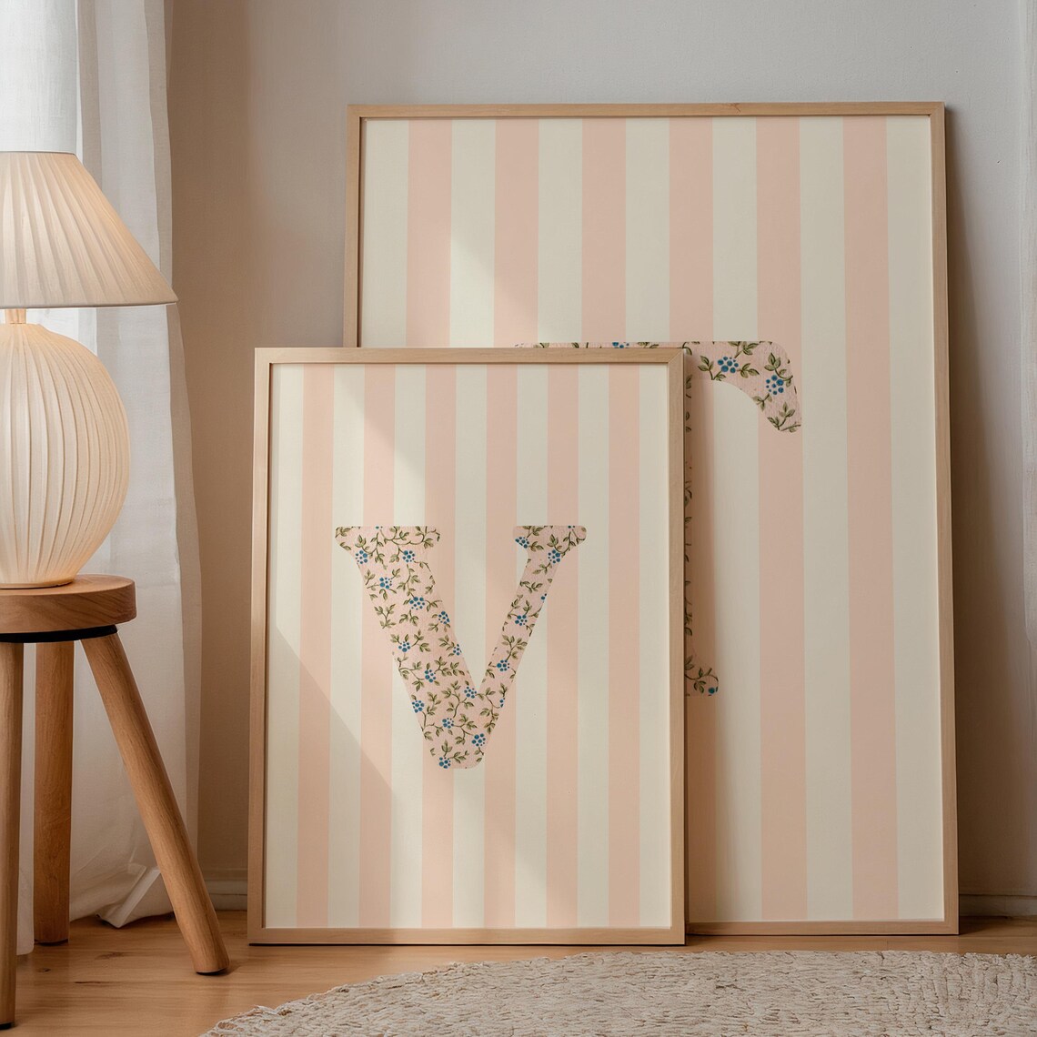 Letter V Floral Monogram Pink Striped Gold Frame Nursery Wall Art - Image 3