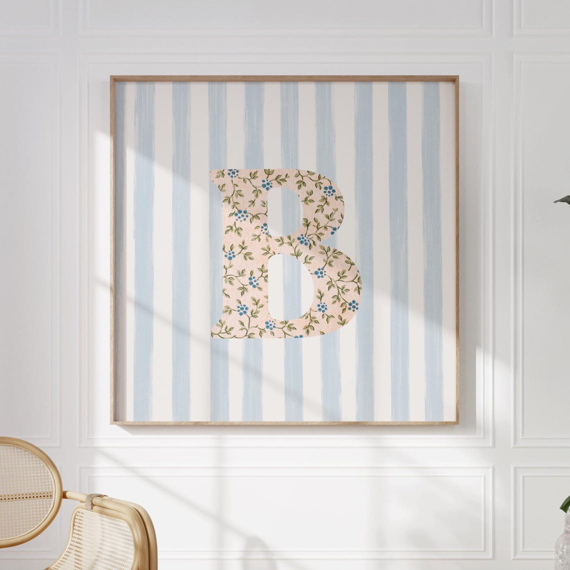 Floral Chintz Letter B Monogram Initial Blue Striped Wall Poster