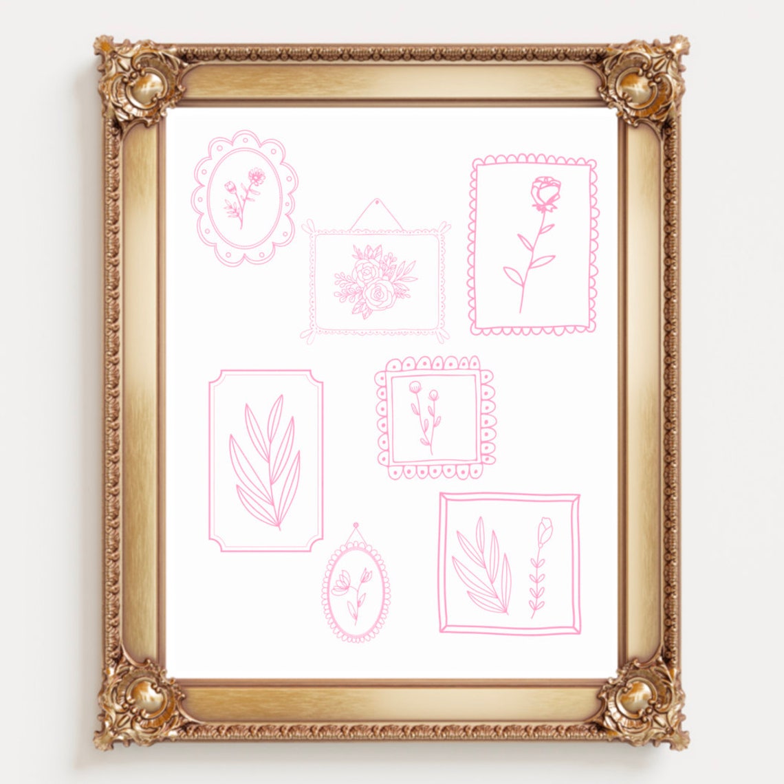 Pink Floral Gallery Frames Collage Vintage Line Art Wall Poster - Image 2