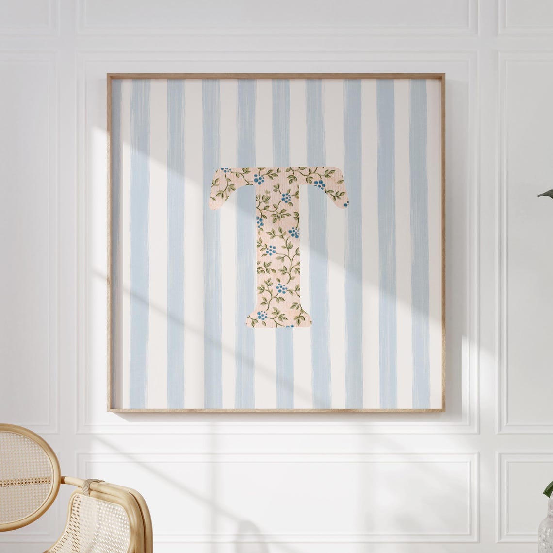 Floral Chintz Letter T Monogram Initial Blue Striped Wall Poster