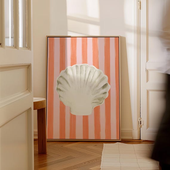 Pink Red Striped Minimal Seashell Art Print Print Wall Art Trendy Decor Coastal Grandmother Cottage