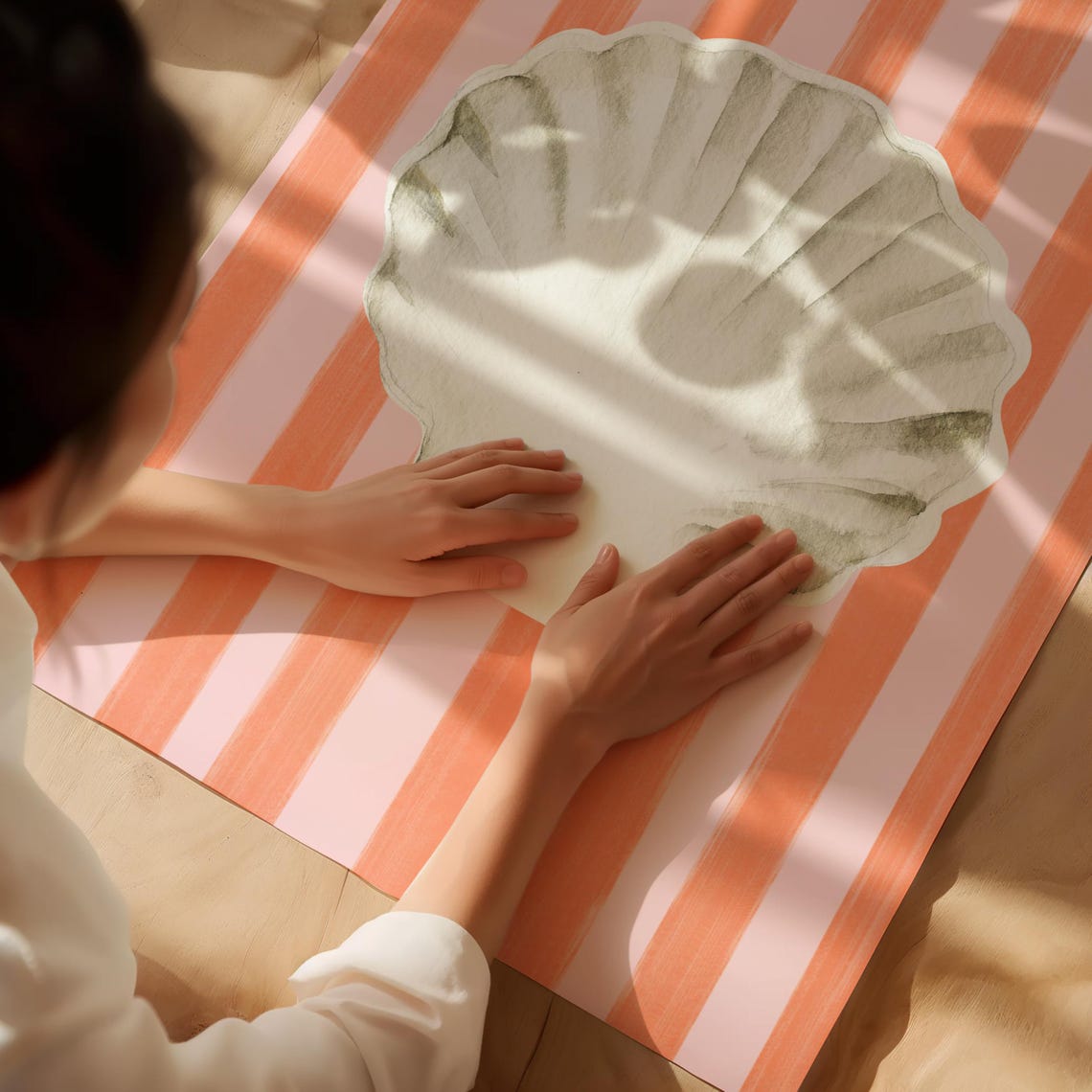 White Scallop Seashell Pink Stripe Coastal Art Print Beach Poster - Image 3