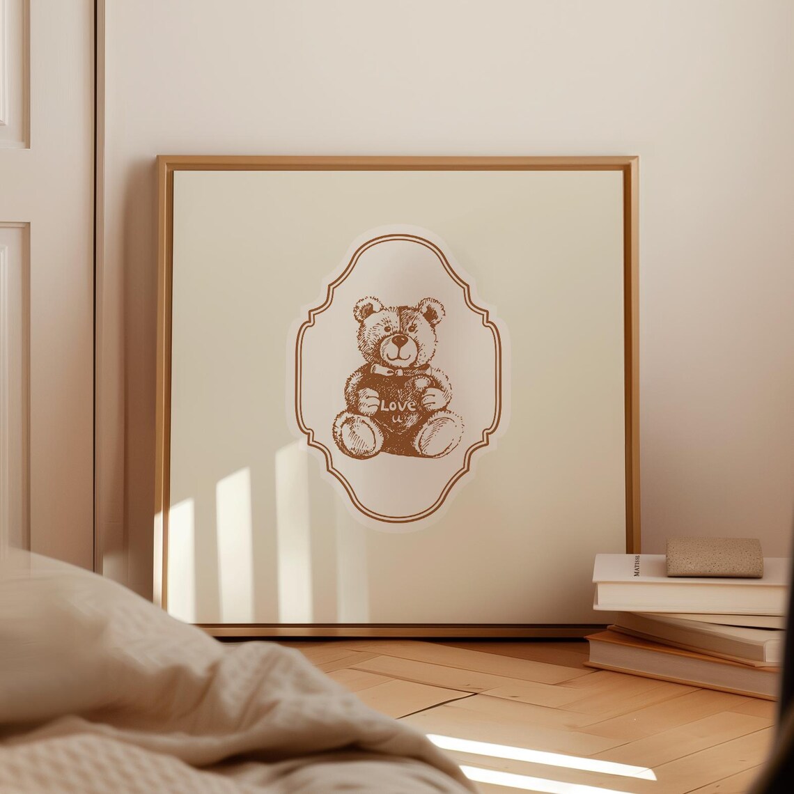 Vintage Love U Teddy Bear Heart Cream Ornate Square Nursery Poster - Image 4