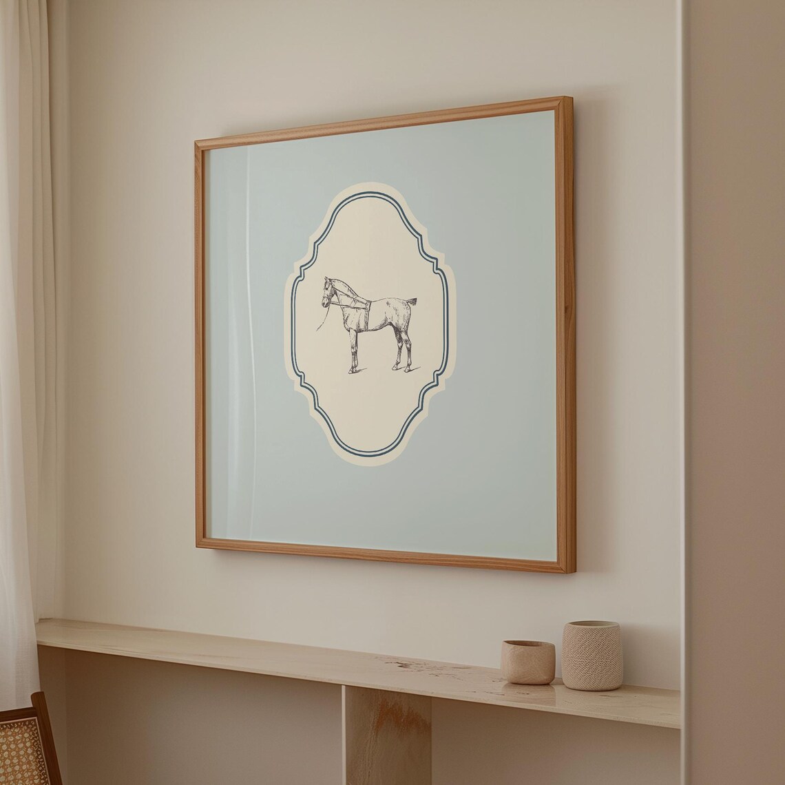 Vintage Horse Line Drawing Baby Blue Ornate Square Nursery Poster - Image 2
