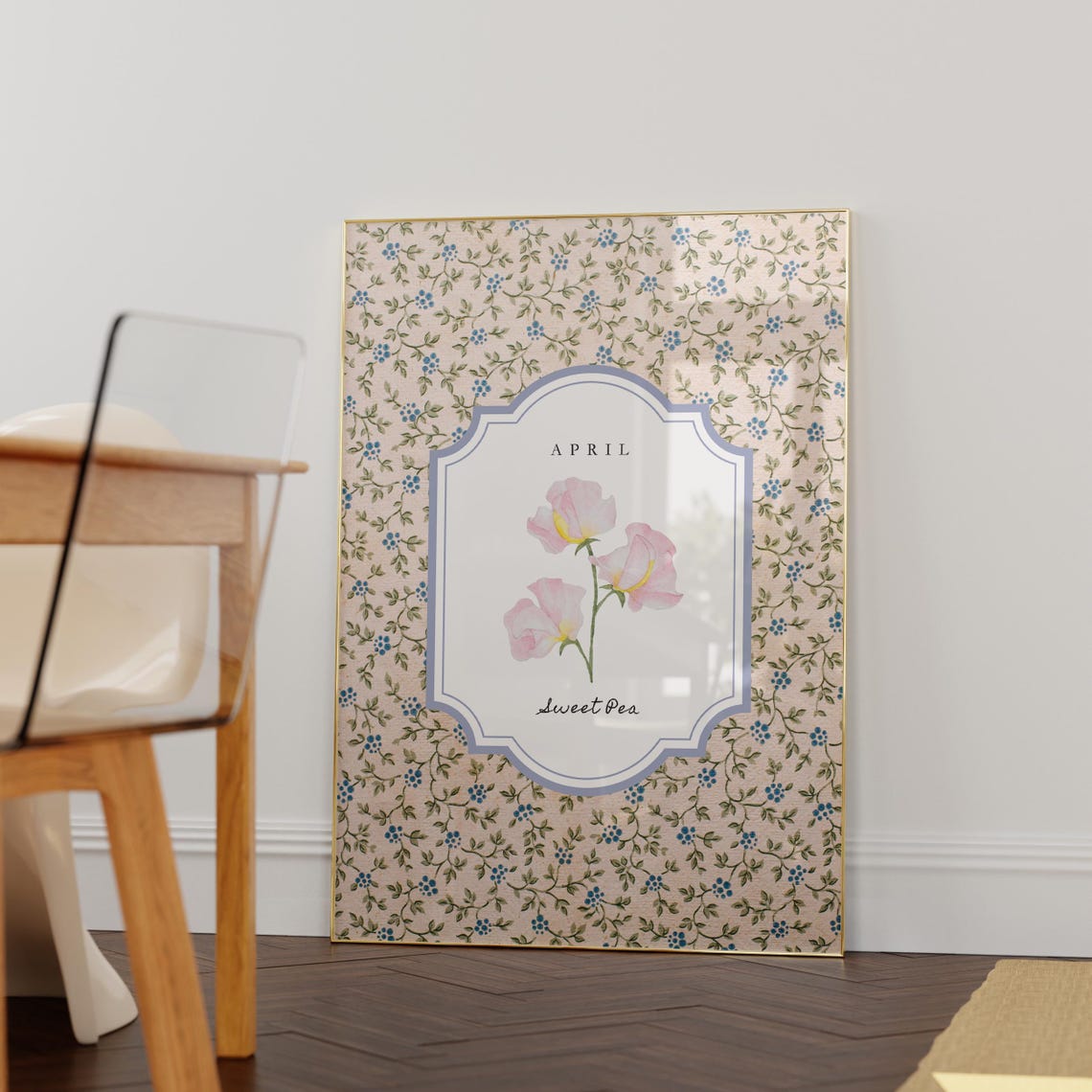 April Sweet Pea Birth Flower Poster on Pink Ditsy Floral Ground - Image 2