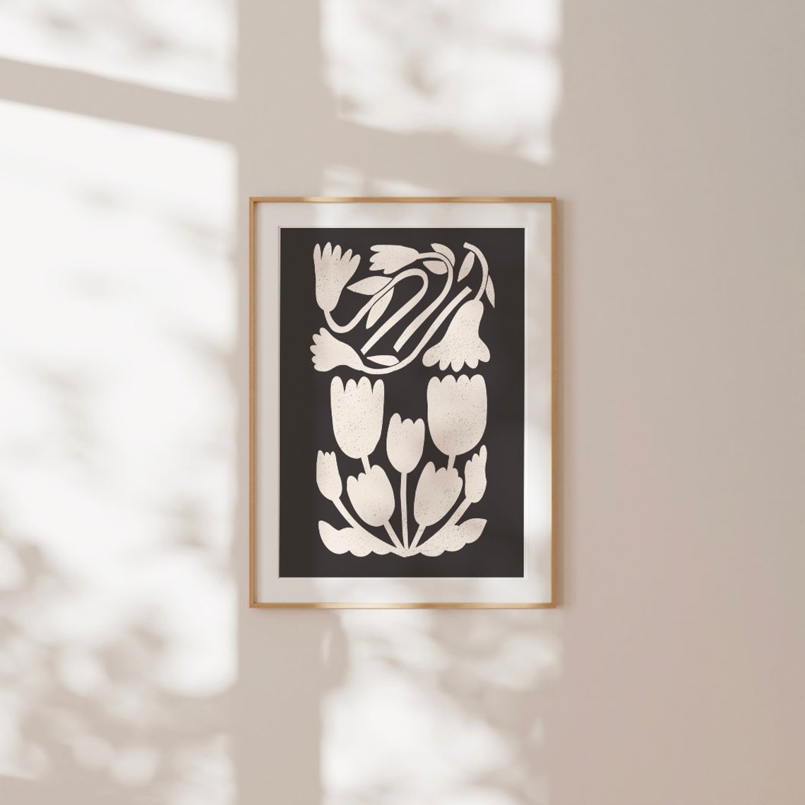 Black Floral Abstract Poster with Cream Tulip Botanical Silhouette