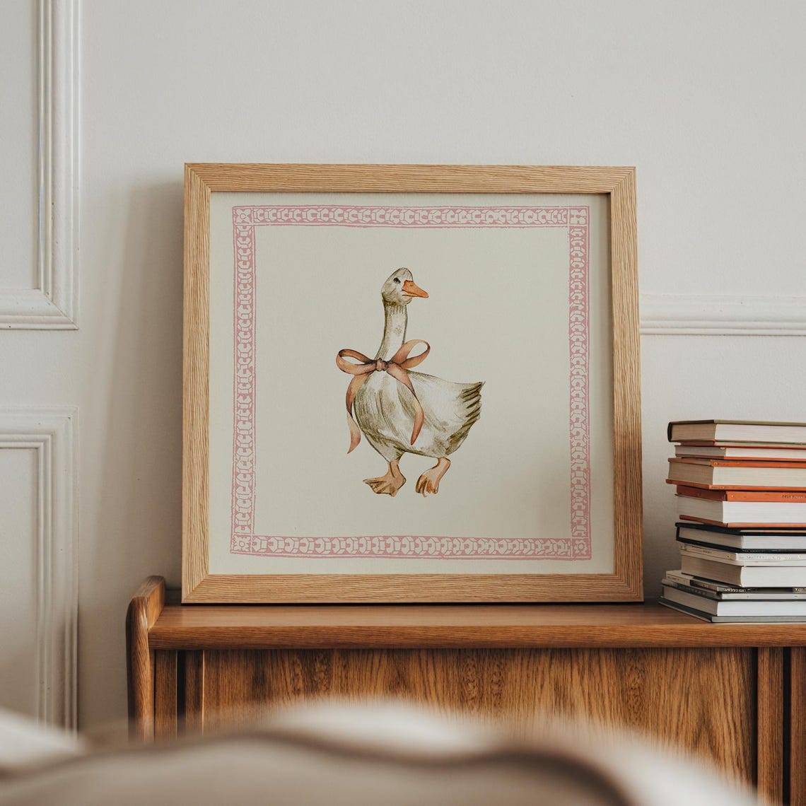 White Goose With Bow Watercolor Pink Border Nursery Wall Art Print - Image 2