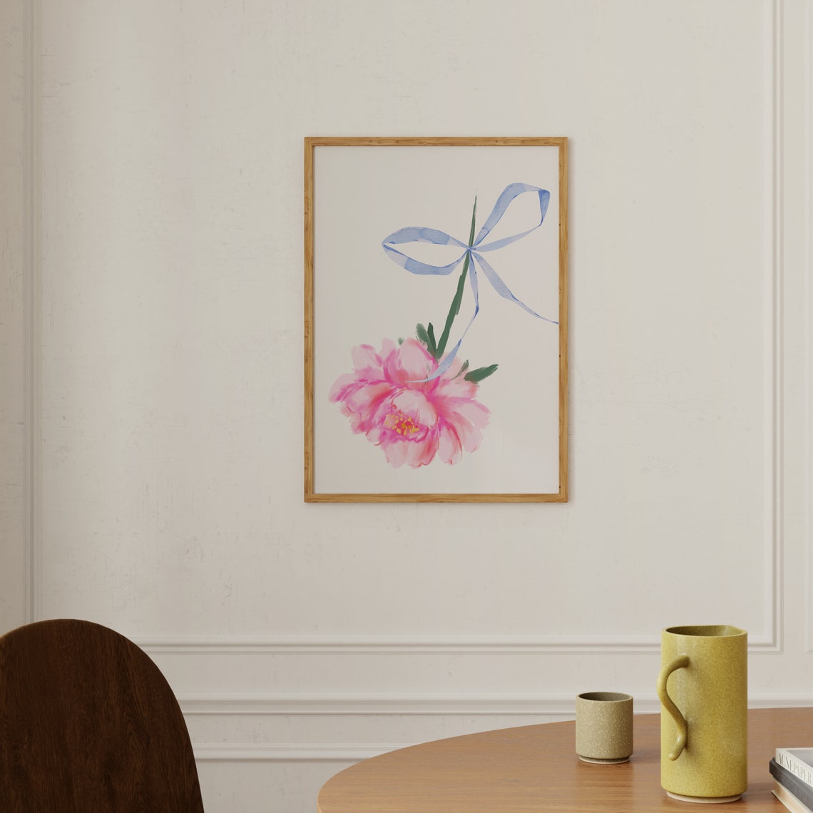 Watercolor Pink Flower With Flowing Blue Ribbon Vertical Art Print - Image 3