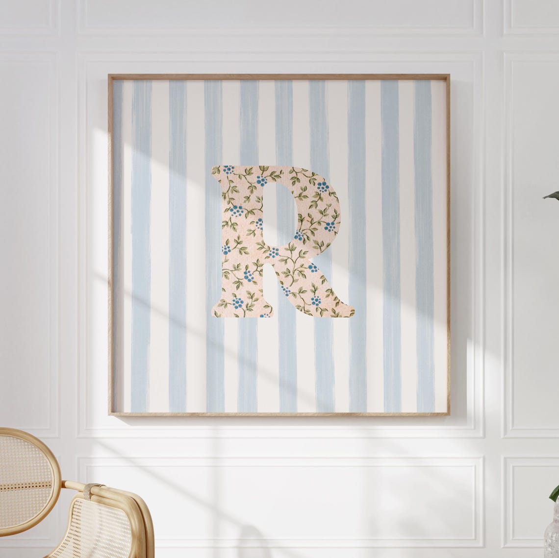 Floral Chintz Letter R Monogram Initial Blue Striped Wall Poster