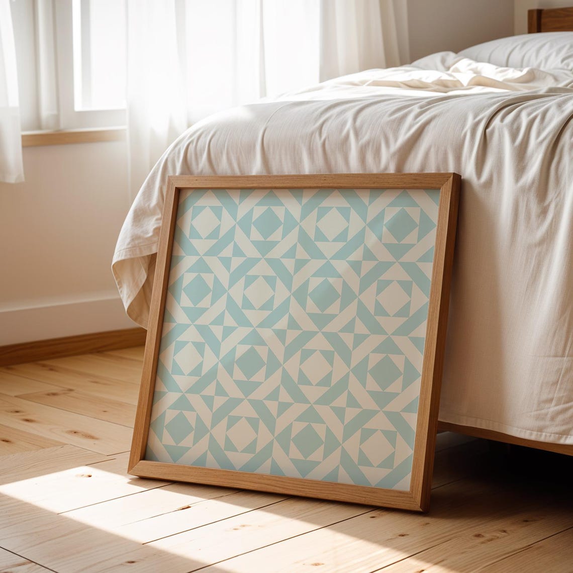 Vintage Blue Quilted Geometric Pattern Square Nursery Wall Art Print