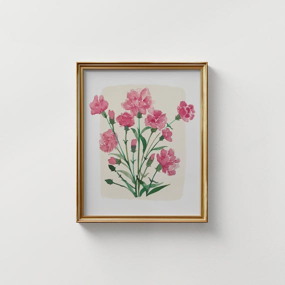 Watercolor Carnation Bouquet Art Print, Vintage Floral Decor