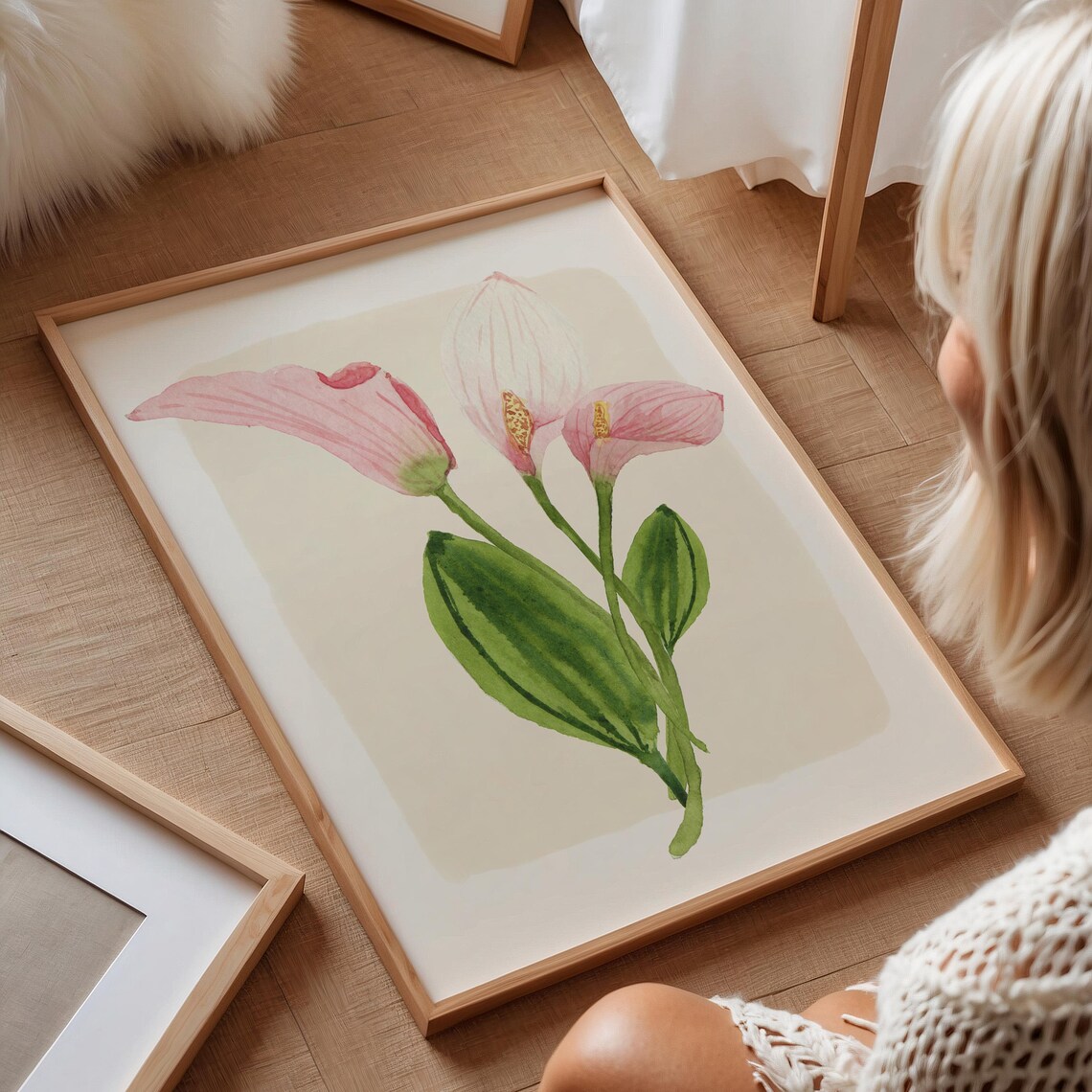 Pink Calla Lily Watercolor Elegant Trio Stem Botanical Art Print - Image 2