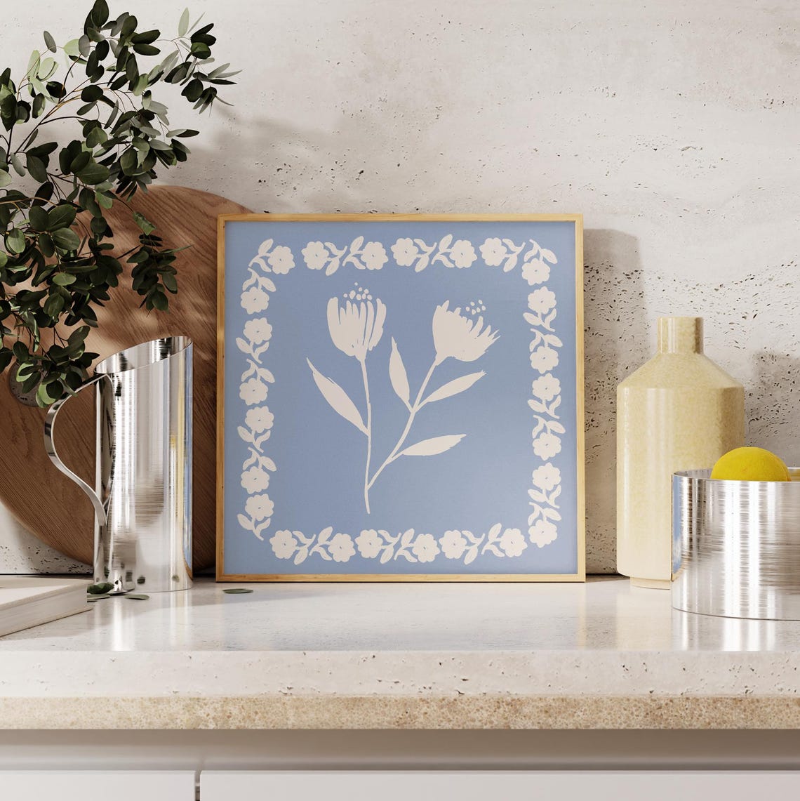 White Wildflower Daisy Chain On Dusty Blue Floral Border Poster - Image 2