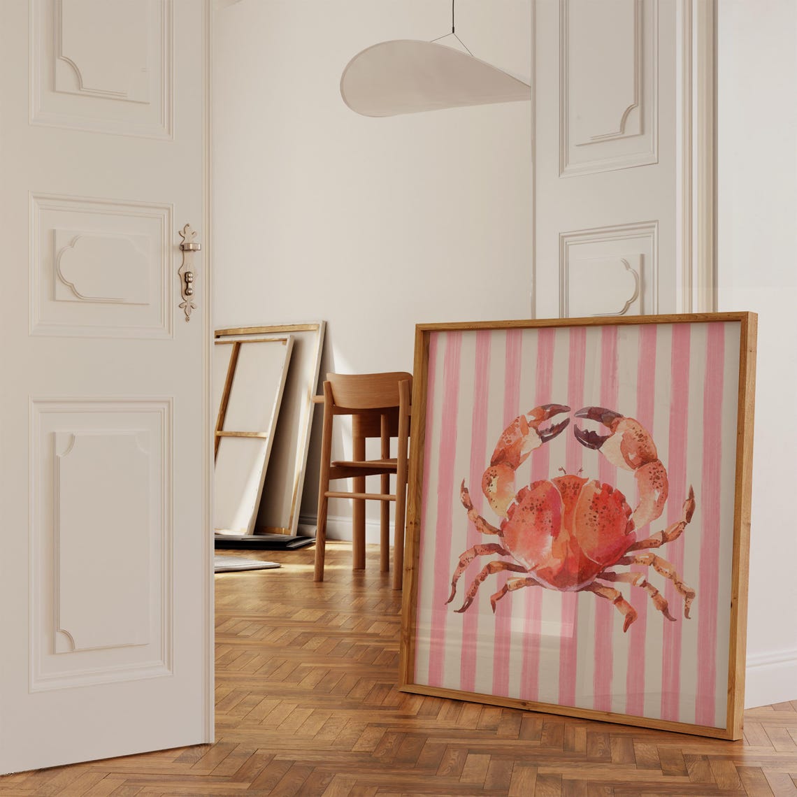 Coral Pink Watercolor Crab Pink Striped Coastal Kitchen Wall Poster - Image 4