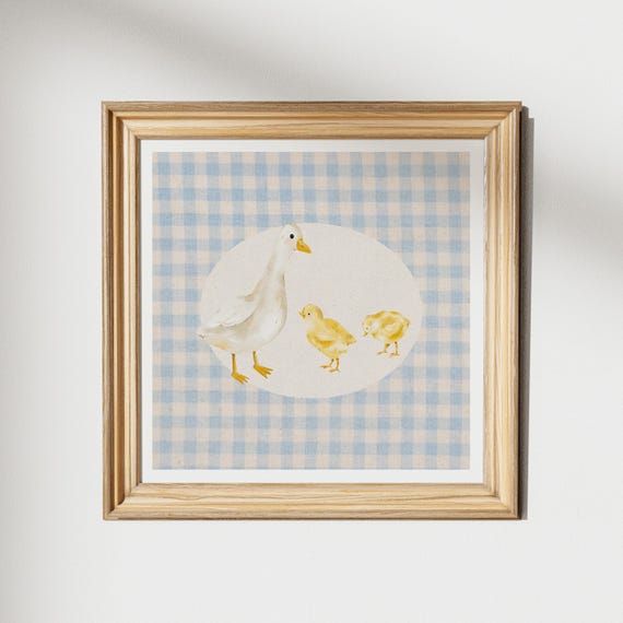 Vintage Gingham Mother Duck Print Wall Art Kitchen Living Room Art Blue Thin Line Print Nursery Square Art