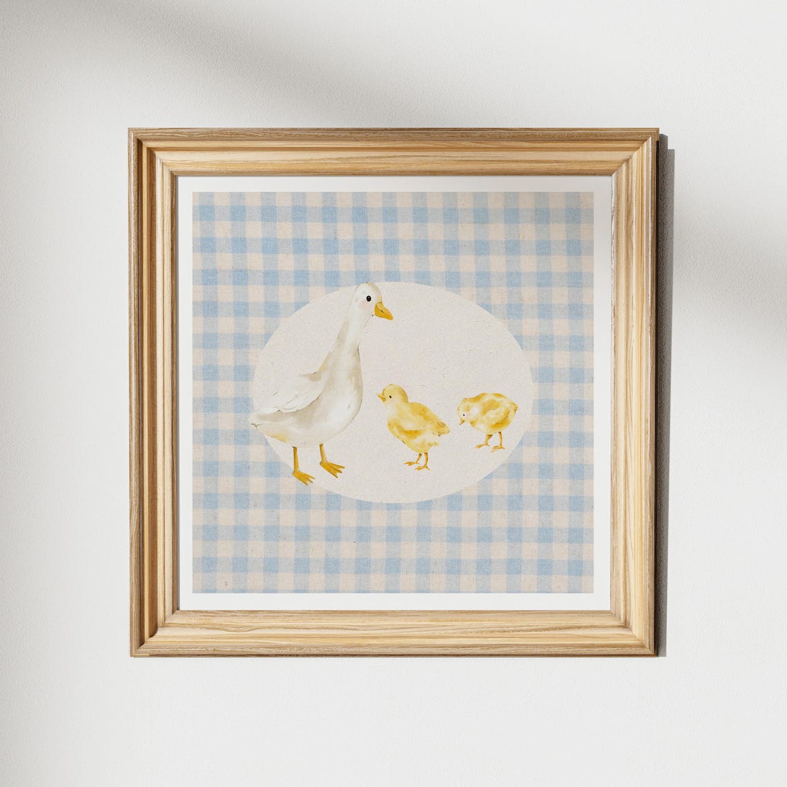 Vintage Gingham Mother Duck Print Wall Art Kitchen Living Room Art Blue Thin Line Print Nursery Square Art