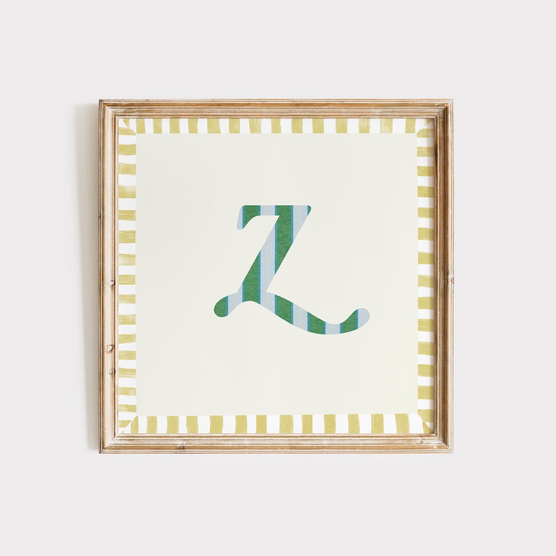 Swash Letter Z Green Blue Striped Monogram Cream Framed Art Print