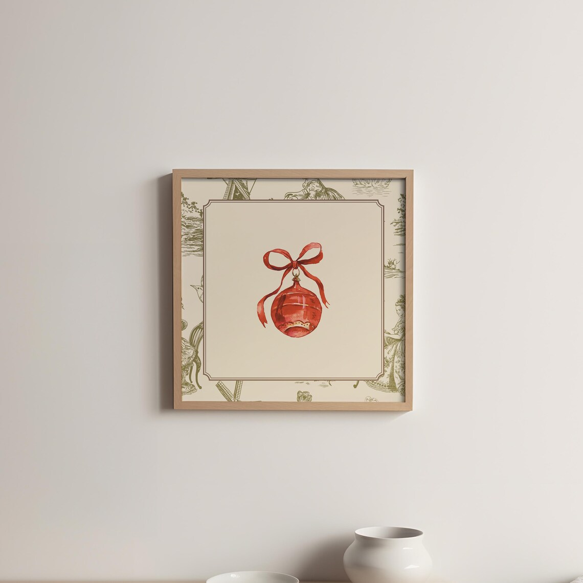 Green Toile Border Red Christmas Bauble Bow Watercolor Holiday Poster - Image 4