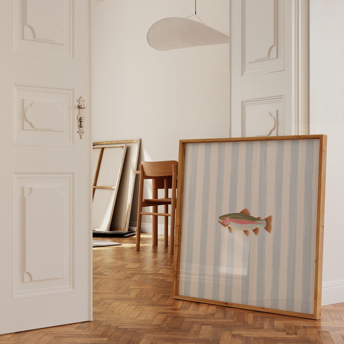 Rainbow Trout Blue Striped Background Square Fish Decor Poster - Image 3