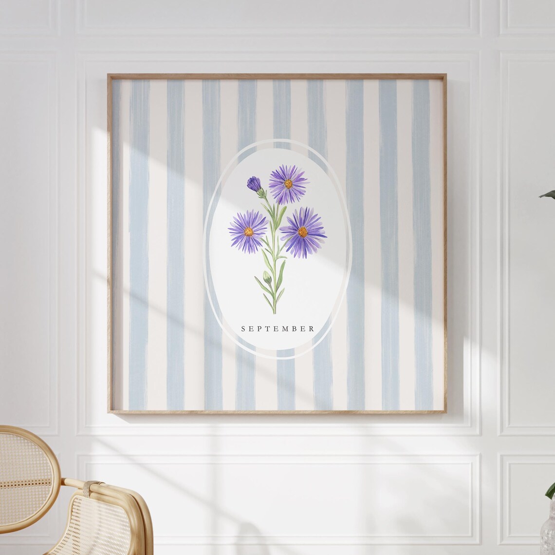 September Aster Birth Flower Watercolor Blue Striped Art Poster - Image 3