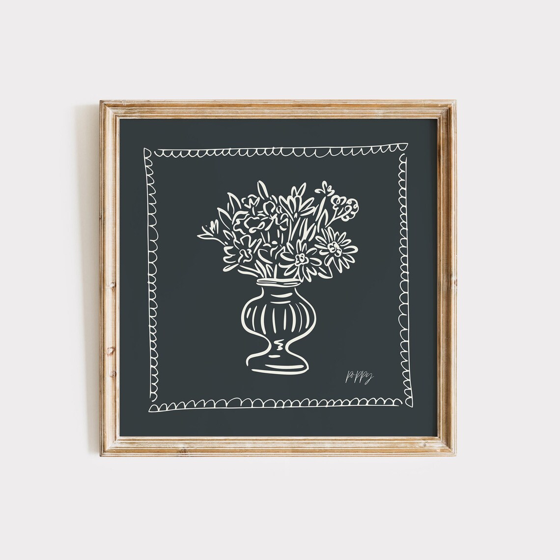 Black Background Cream Line Bouquet Vase Scalloped Border Art Poster - Image 3