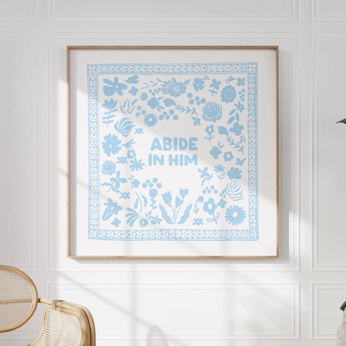 Abide In Him Light Blue Floral Scripture Nursery Wall Poster